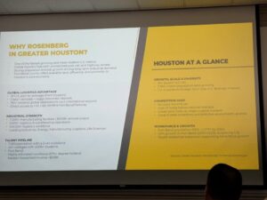 Fort Bend Regional Partnership Meeting. Mainline Texas Industrial Park Meeting Slide about Rosenberg and Houston Information. Rosenberg is in Fort Bend County